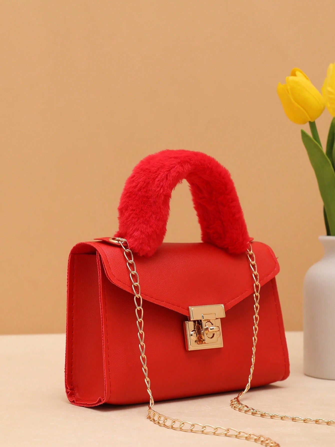 Chain Furry Clutch Bag with Wrist Strap