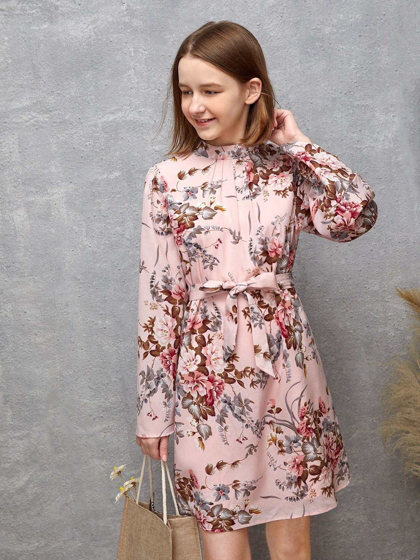 SHEIN Teen Girls Ruched Floral Print Flounce Sleeve Belted Dress