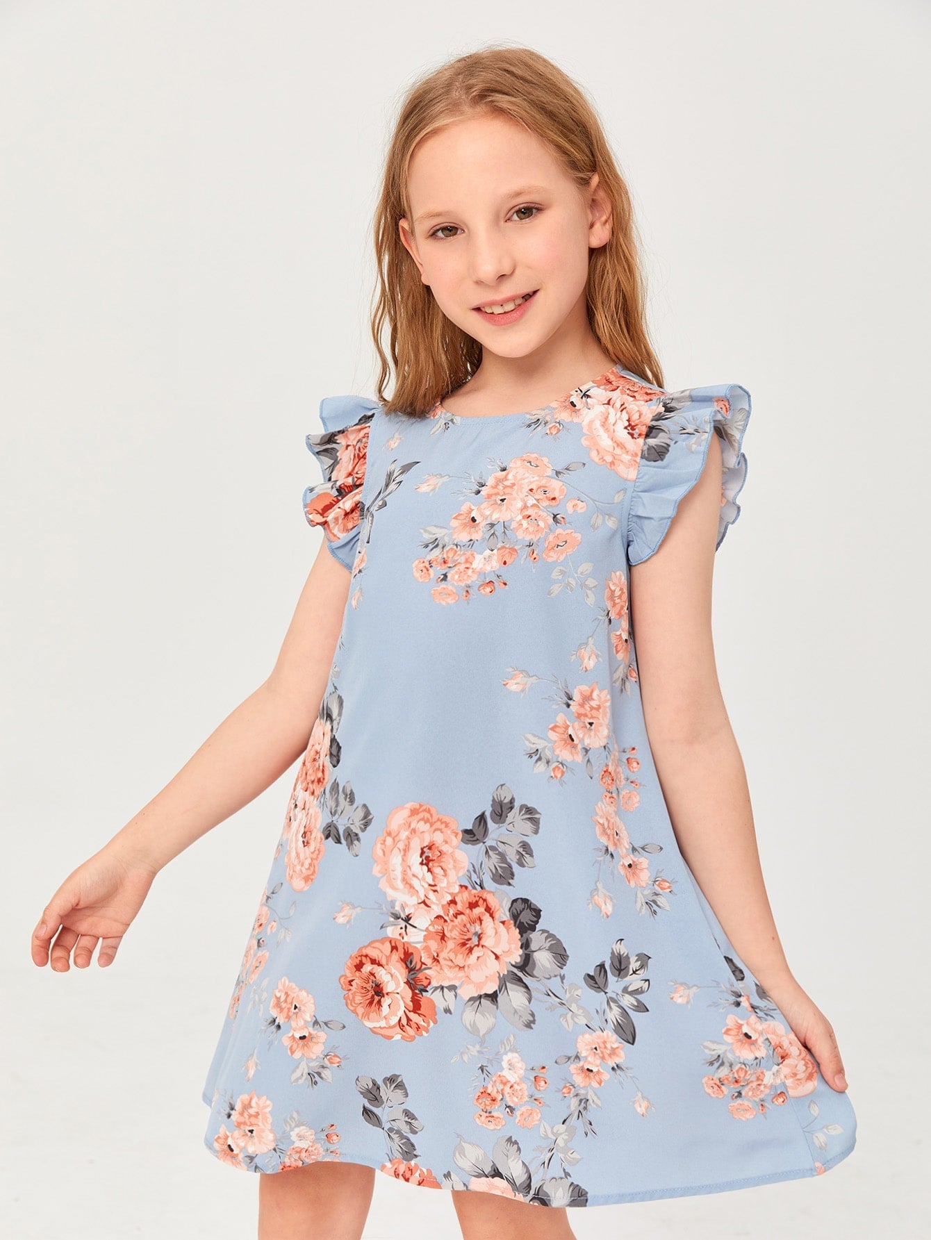 SHEIN Kids SUNSHNE Tween Girl Elegant round Neck Dress with Ruffle Hem, Floral Print