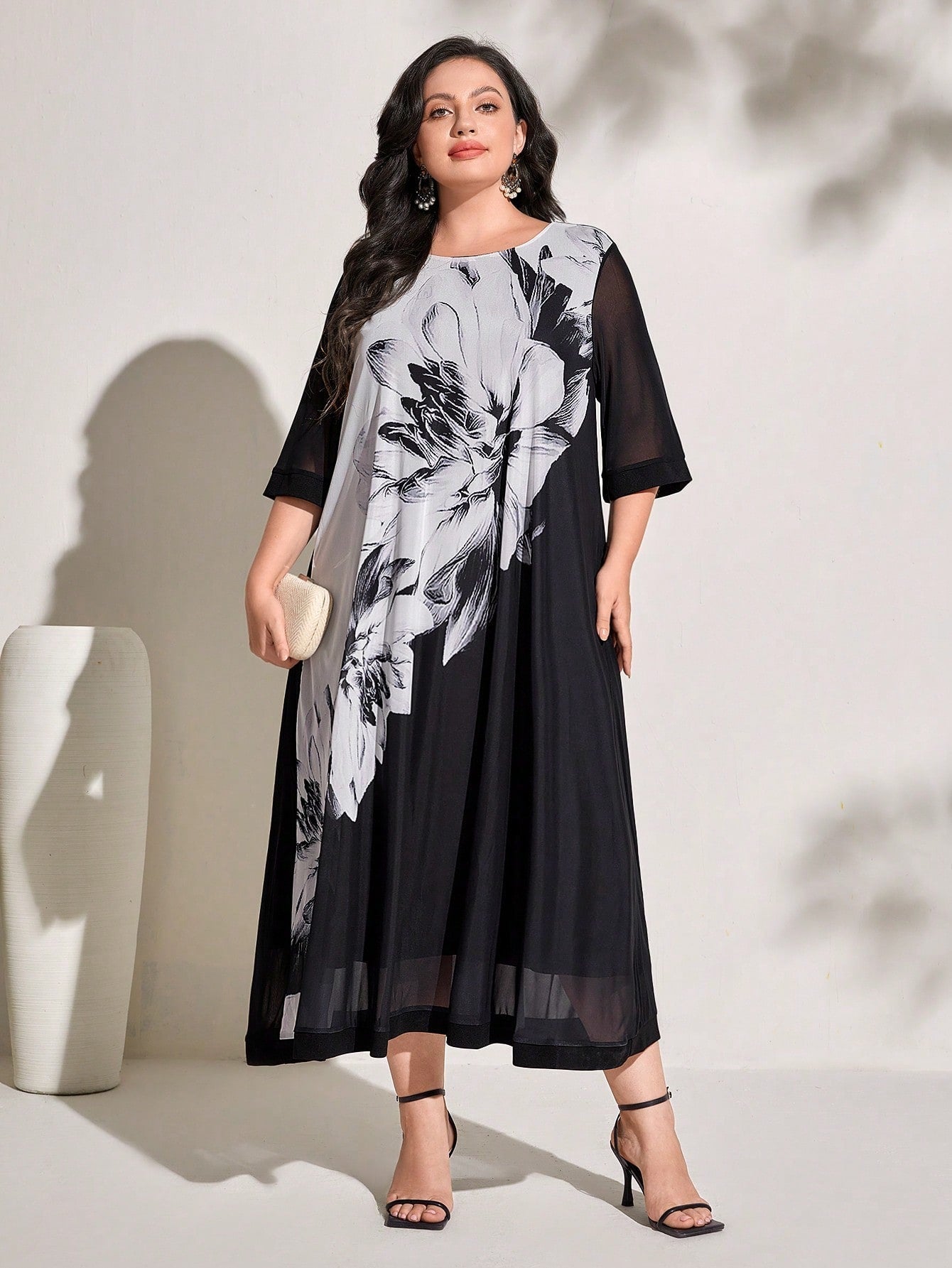 SHEIN Najma plus Floral Print Contrast Mesh Dress