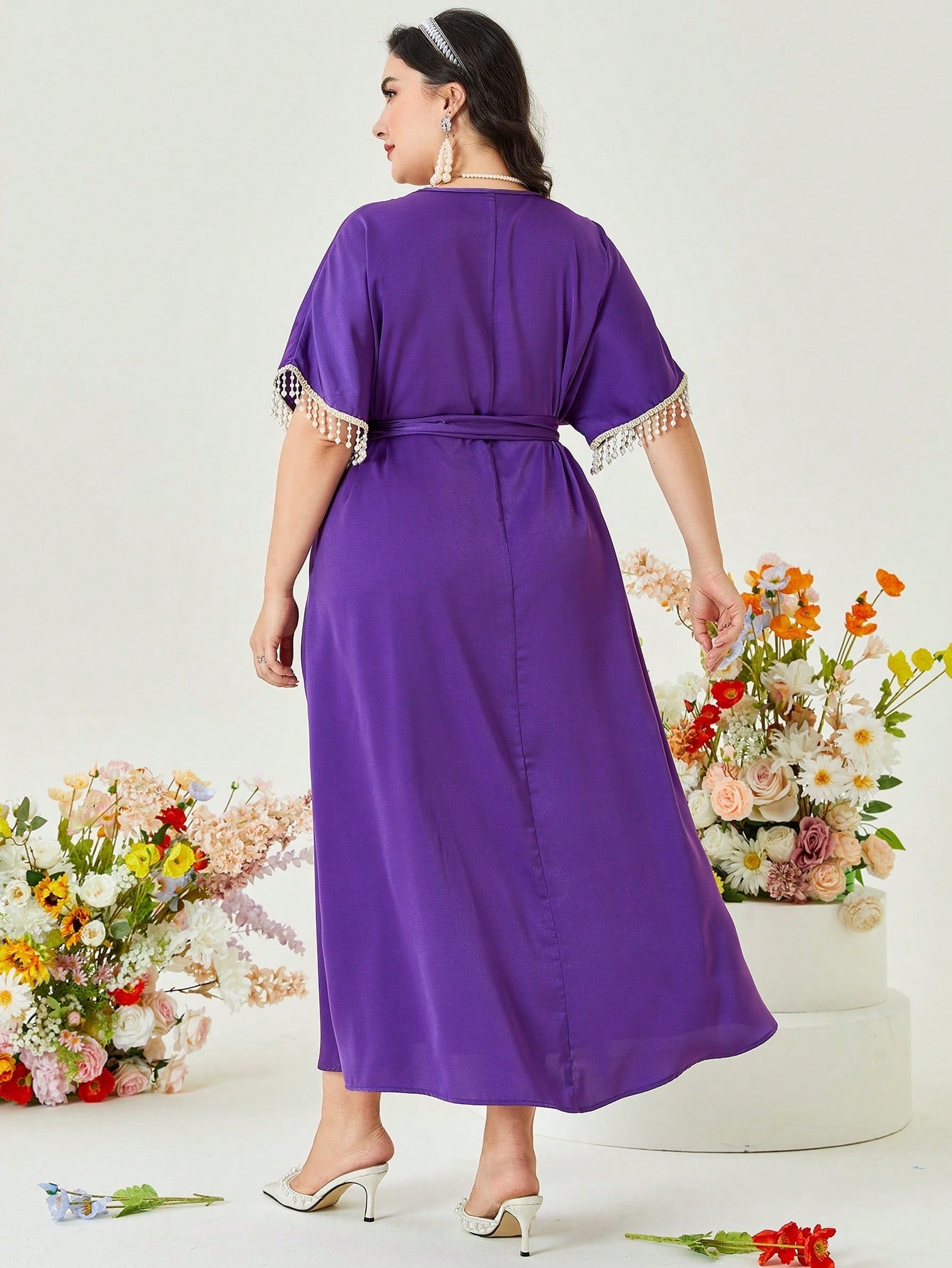 SHEIN Najma plus Contrast Fringe Trim Belted Dress