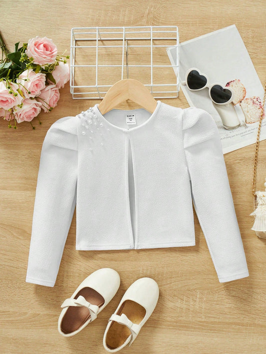 SHEIN Young Girl Pearls Beaded Detail Puff Sleeve Jacket