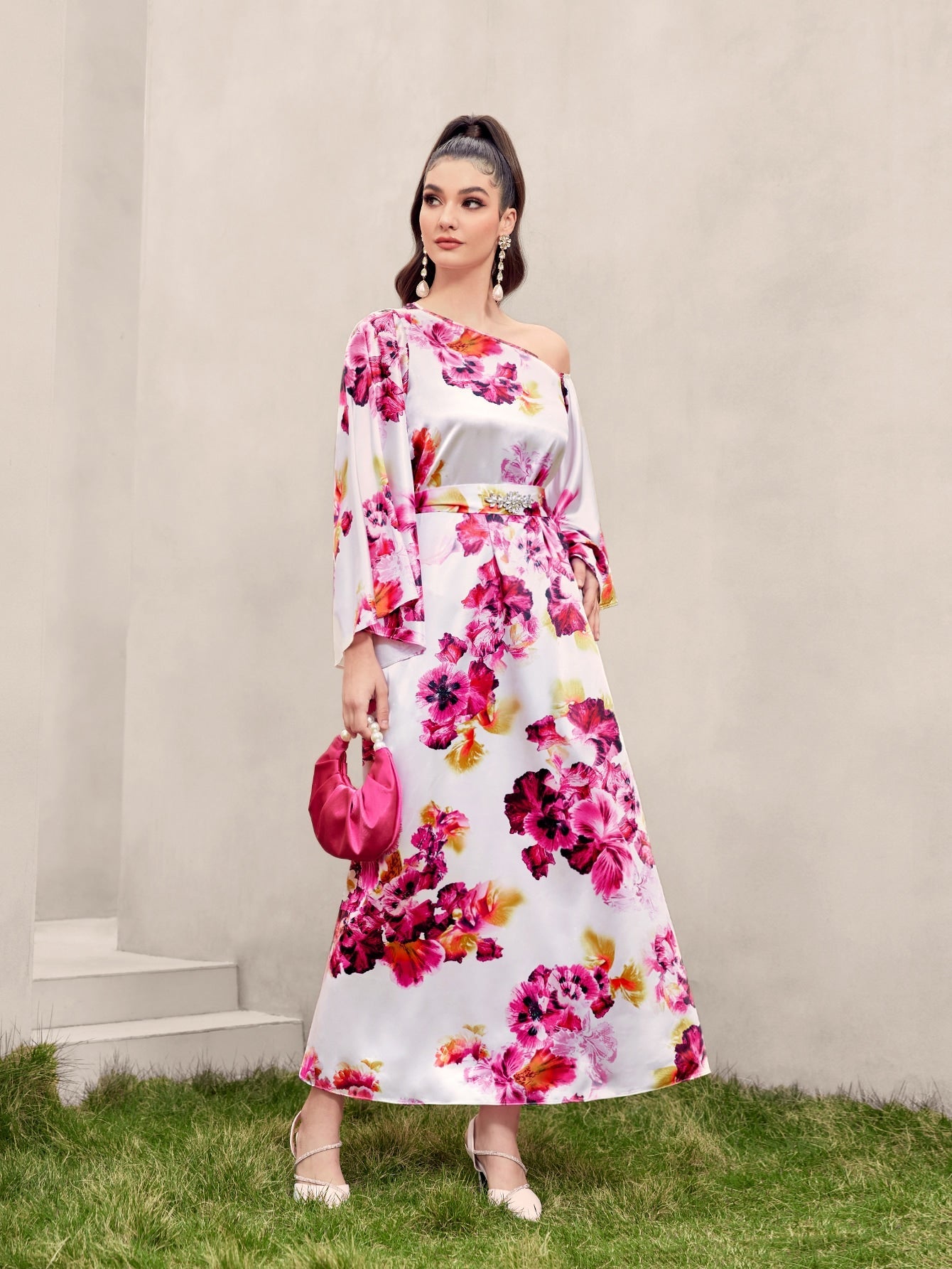 SHEIN Modely Floral Print Asymmetrical Neck Belted Dress