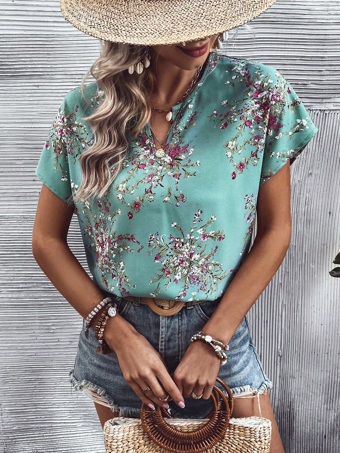 SHEIN LUNE Floral Print Notched Neck Batwing Sleeve Blouse