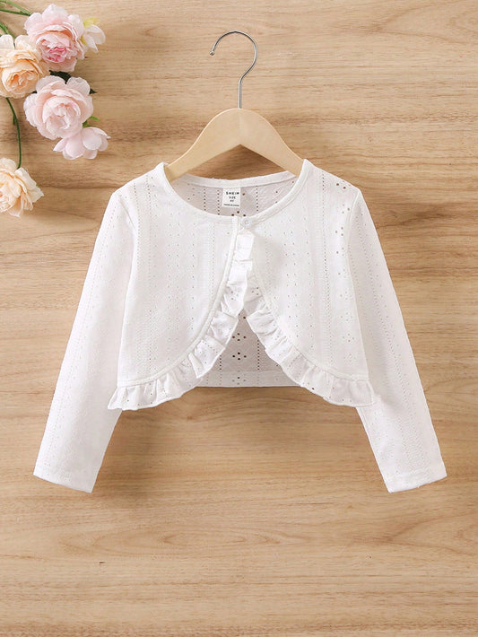SHEIN Kids FANZEY Young Girl Ruffle Trim Eyelet Embroidery Crop Jacket