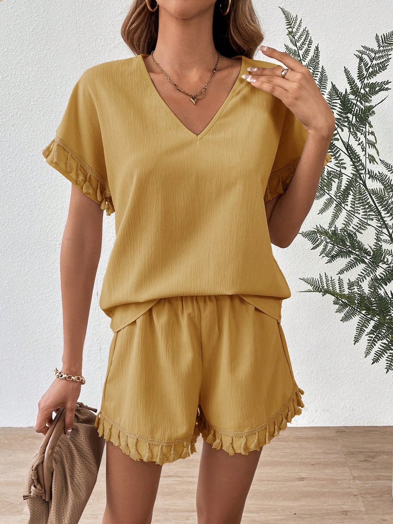 SHEIN VCAY Solid Fringe Trim Batwing Sleeve Blouse & Shorts