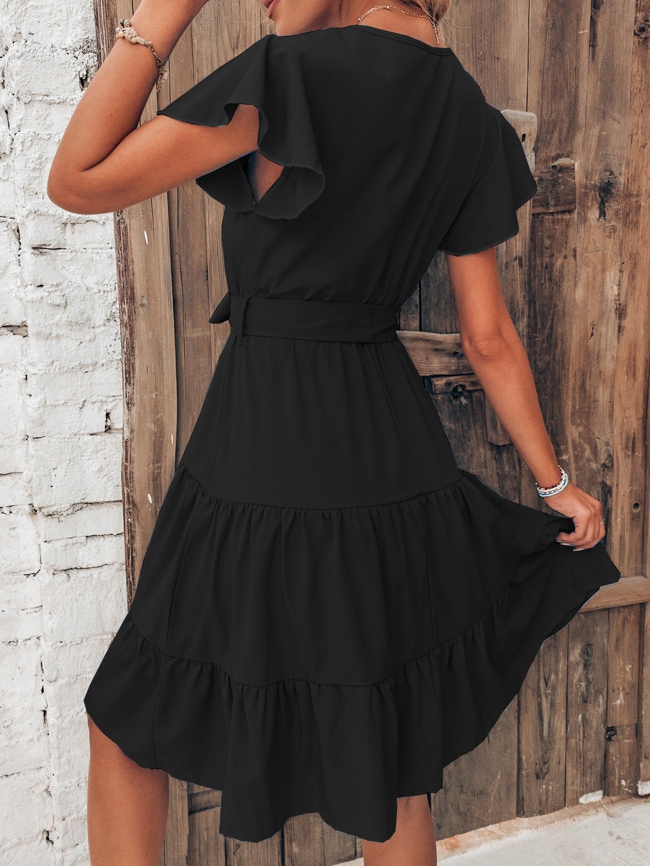 SHEIN VCAY Butterfly Sleeve Ruffle Hem Belted Dress
