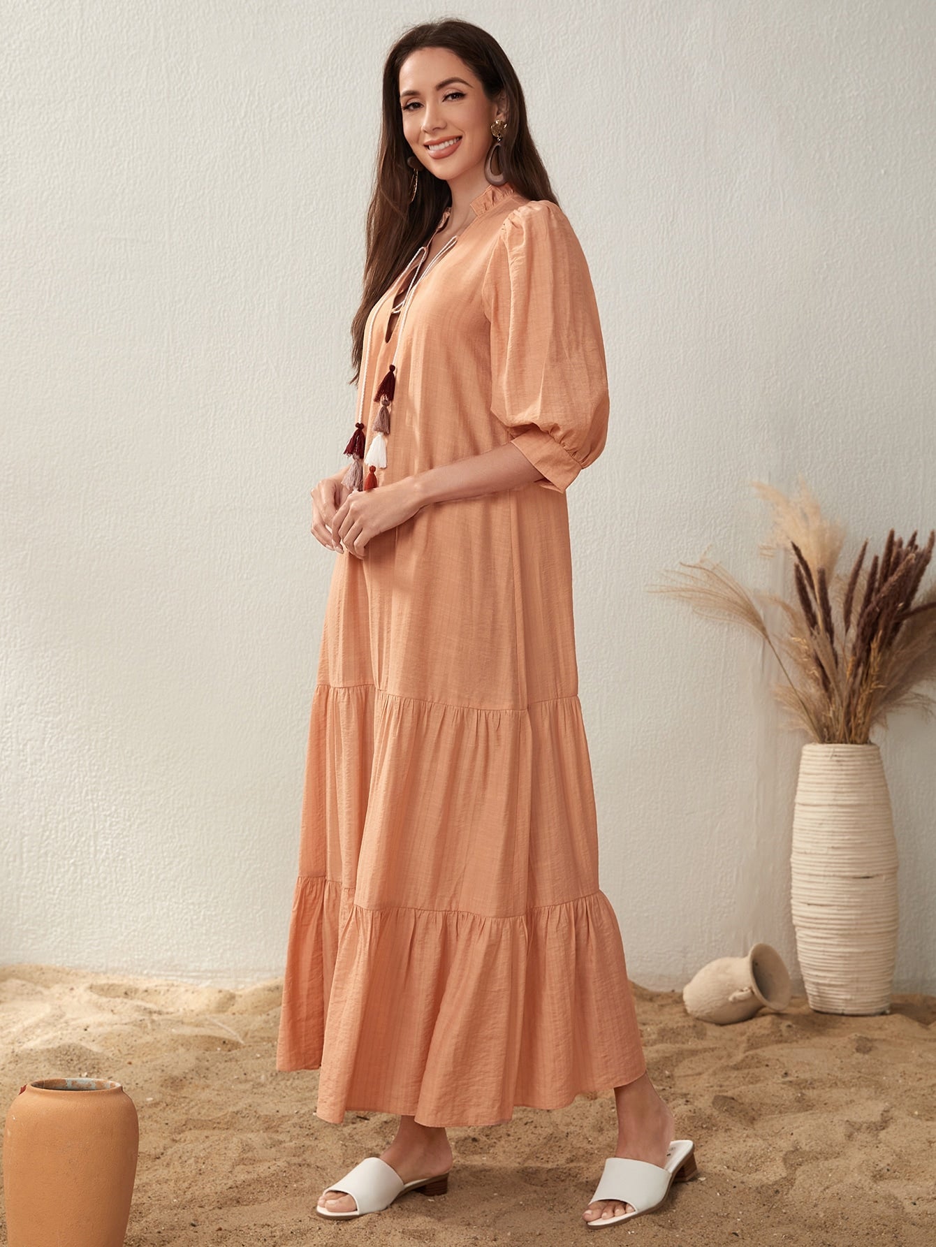 SHEIN Mulvari Fringe Detail Flounce Hem Smock Dress