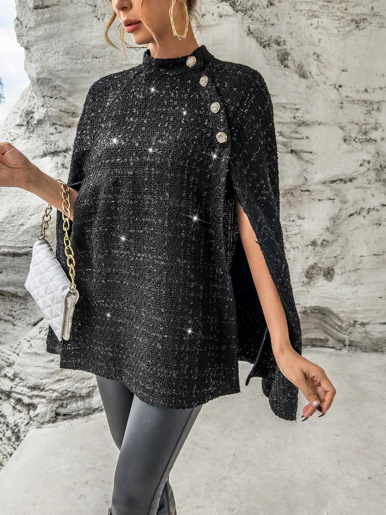 SHEIN Privé Mock Neck Button Detail Cloak Sleeve Glitter Cape Coat