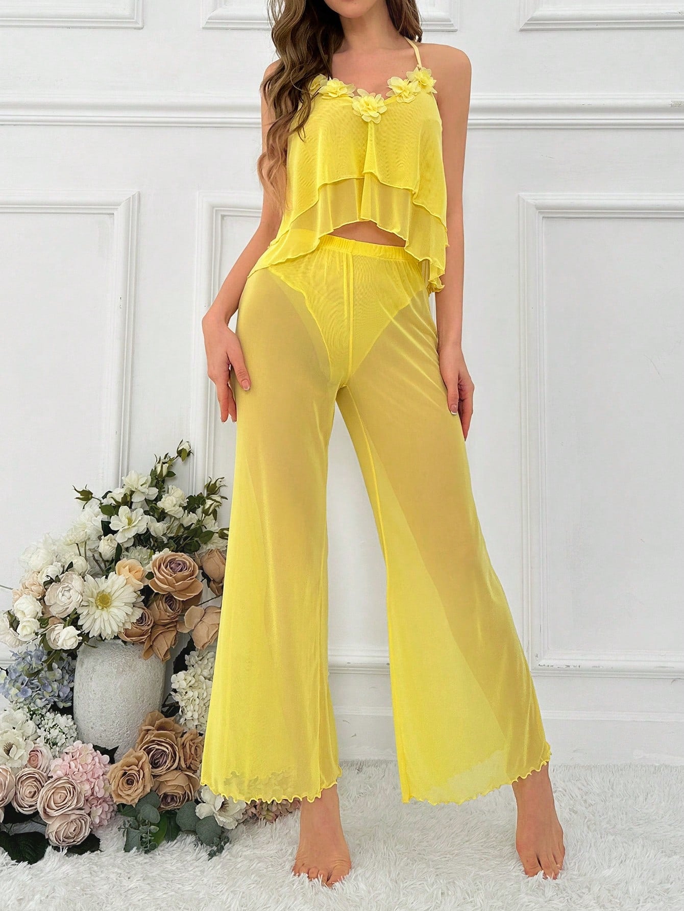 Women'S Mesh Applique Halter Sleepwear Set