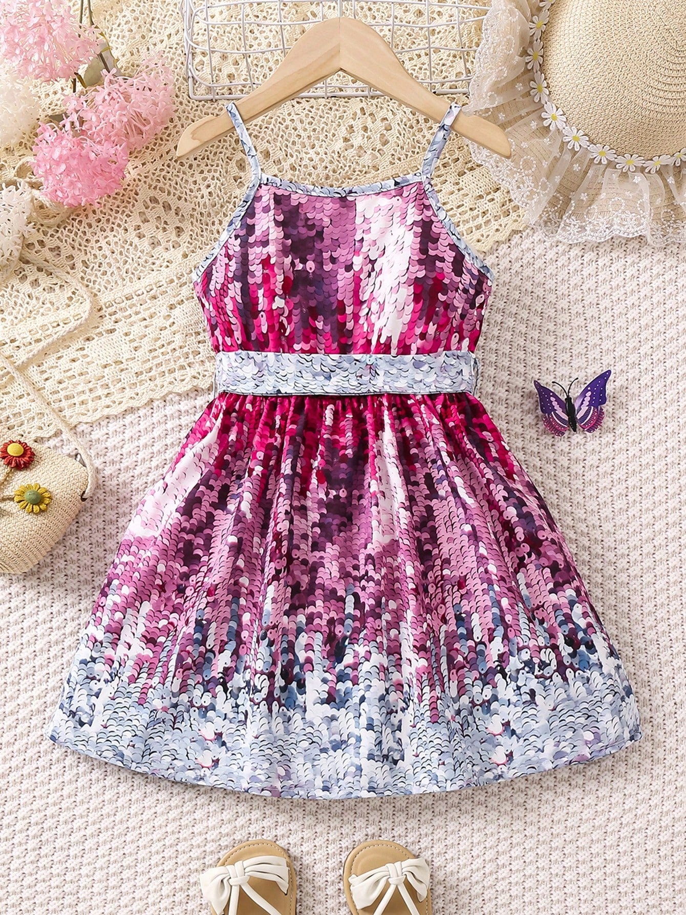 SHEIN Kids SUNSHNE Girls' Glitter Effect Printed Simple and Fashionable Spaghetti Strap Dress