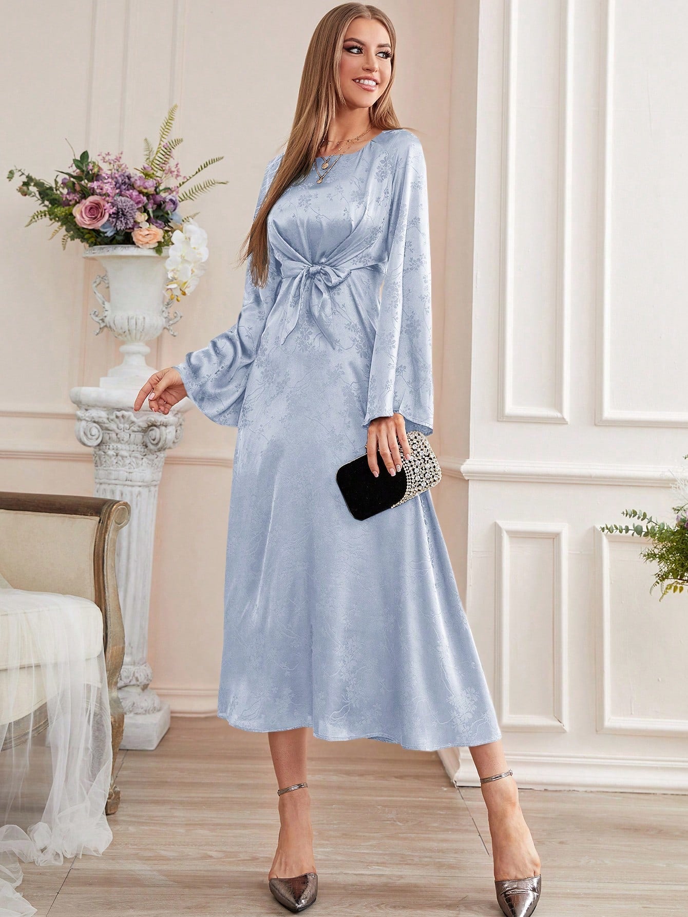SHEIN Modely Floral Jacquard Flounce Sleeve Satin Dress