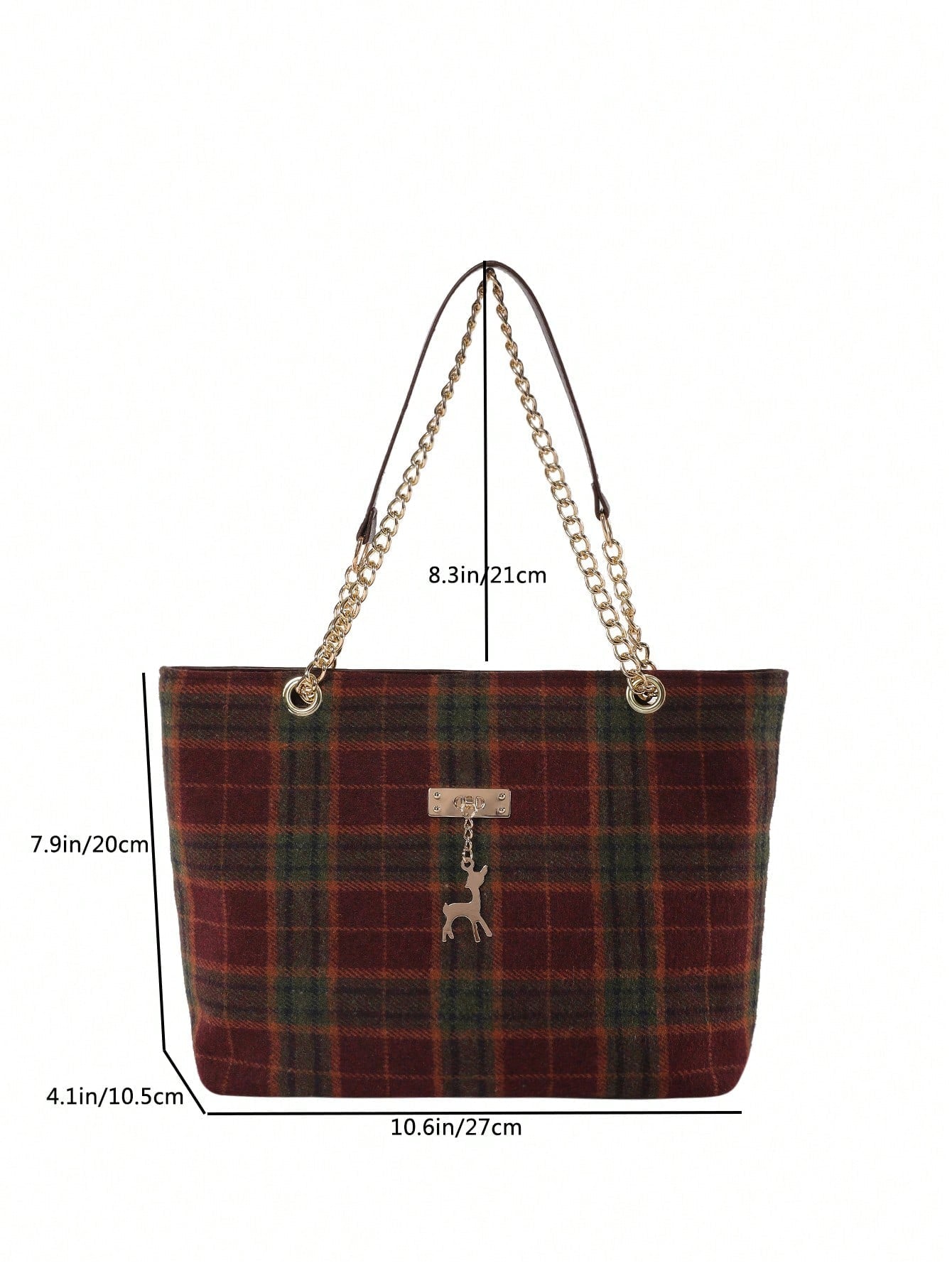 Plaid Large Capacity Casual Fashionable Tote Bag with Deer Ornament for Student and College, Elegant Style