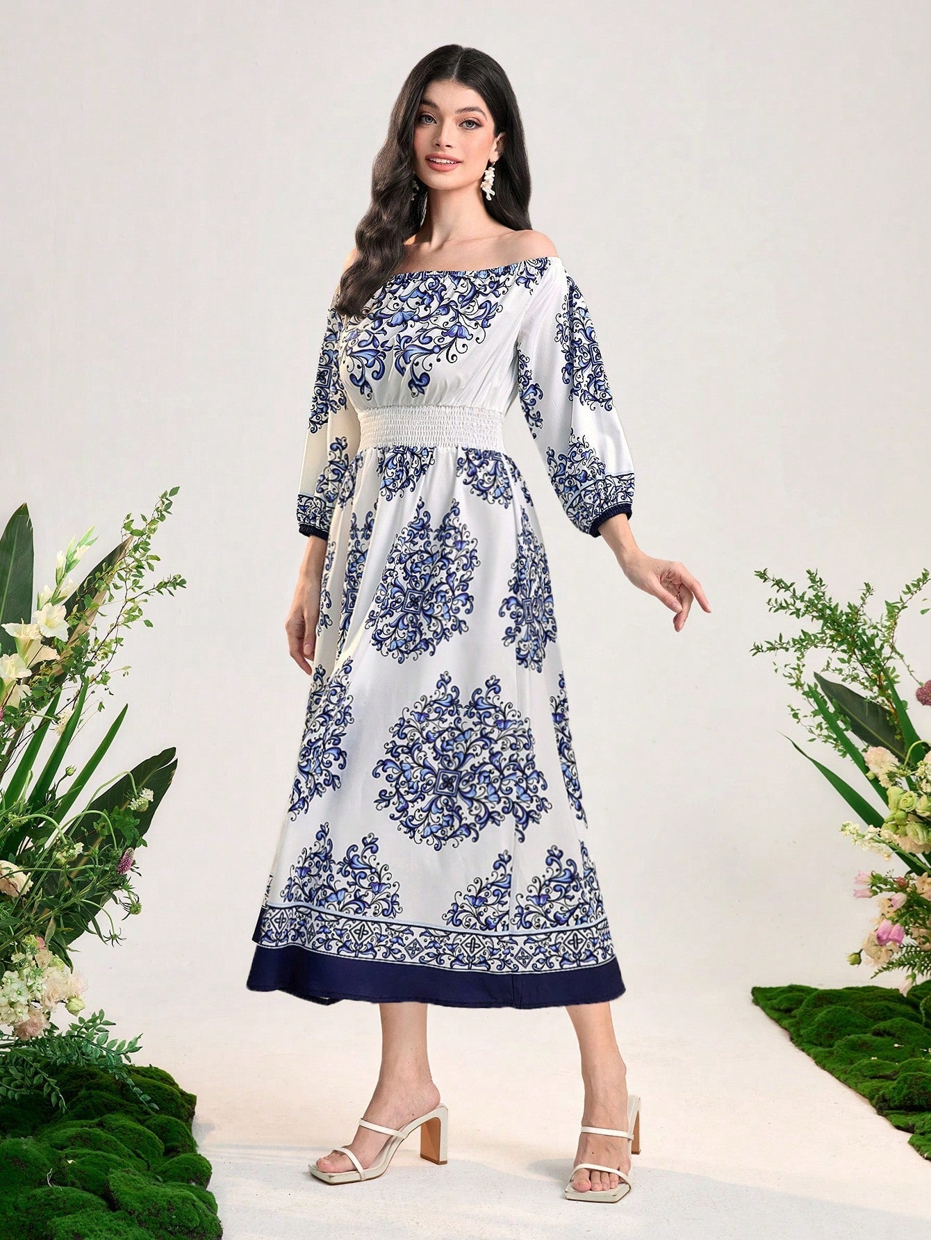 SHEIN Mulvari Floral Print off Shoulder Dress