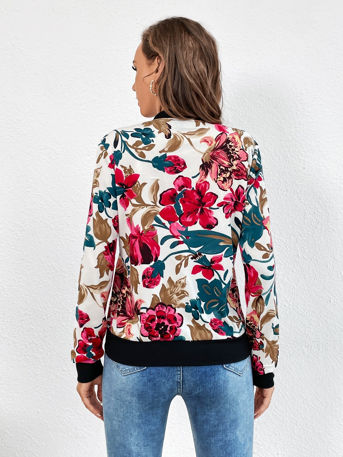 SHEIN Tall Floral Print Zip up Bomber Jacket