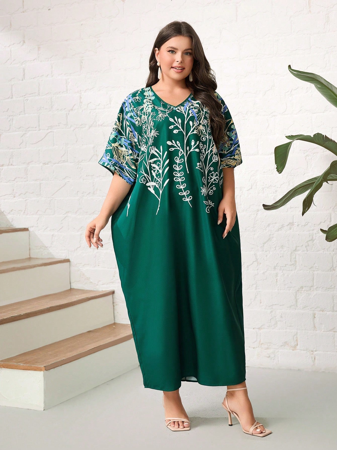 SHEIN Mulvari plus Floral Print Batwing Sleeve Dress