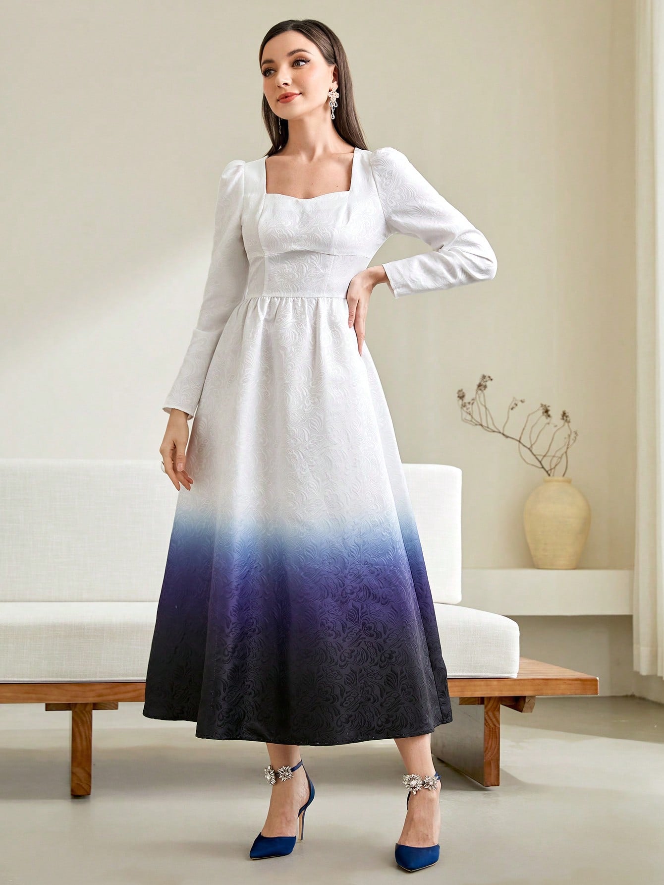 SHEIN Modely Ombre Print Sweetheart Neck Gigot Sleeve Dress without Belt