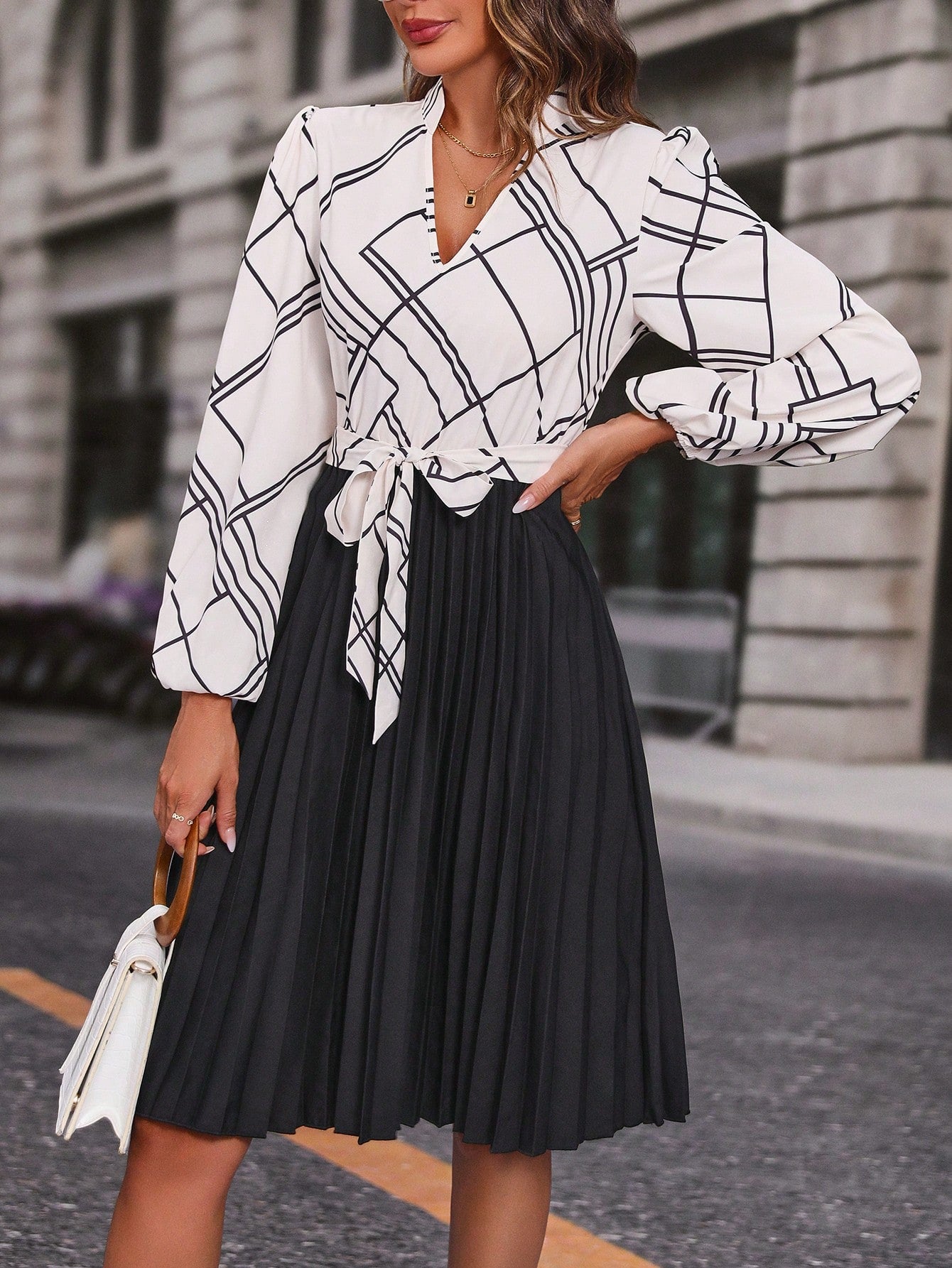SHEIN LUNE Geo Print Lantern Sleeve Pleated Hem Belted Dress