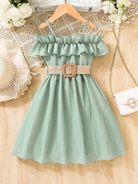 Young Girl Cold Shoulder Ruffle Trim Belted Dress