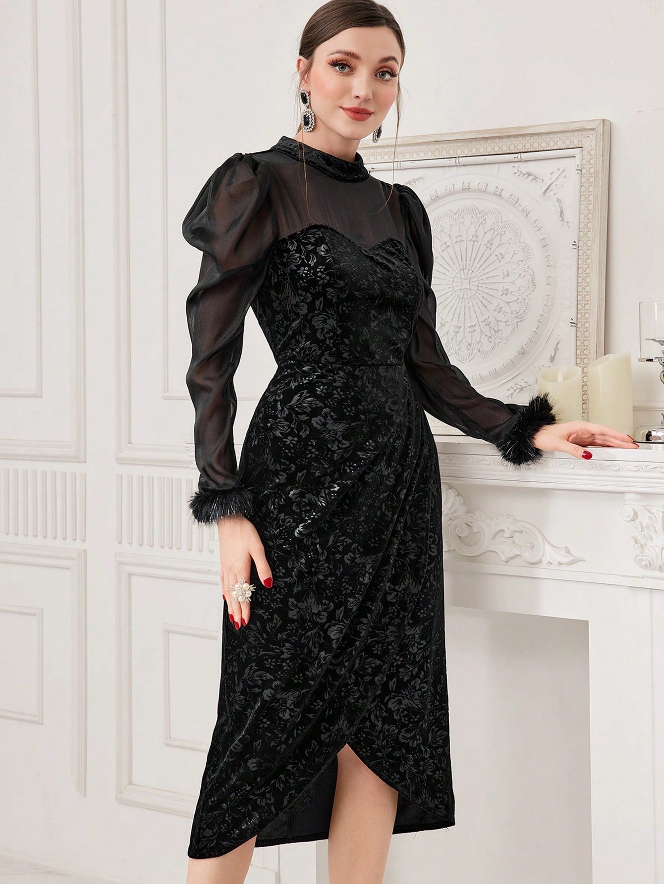 SHEIN Modely Patchwork Mesh & Floral & Jacquard & Plush Sleeve Cuff Sweater Dress