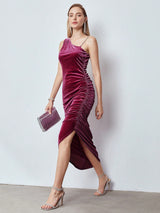 MOTF PREMIUM RUCHED VELVET CHAIN STRAP DRESS