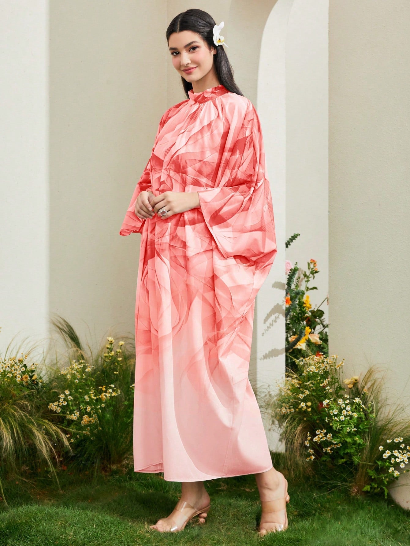 SHEIN Najma Turkish Style Stand Collar Batwing Sleeve Long Shirt