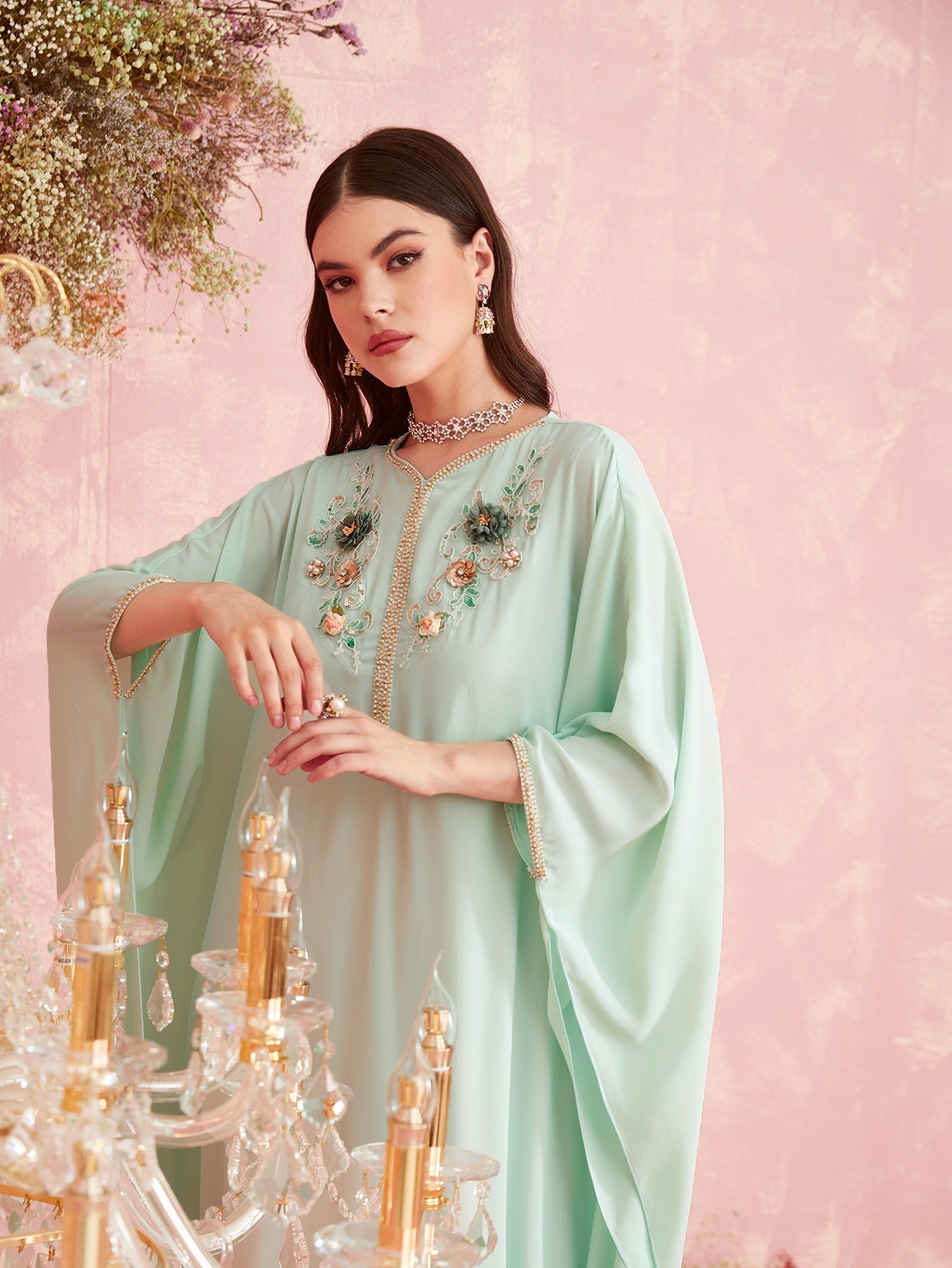 SHEIN Najma Keyhole Back Lace Floral Embroidery Pearls Beaded Tape Kaftan
