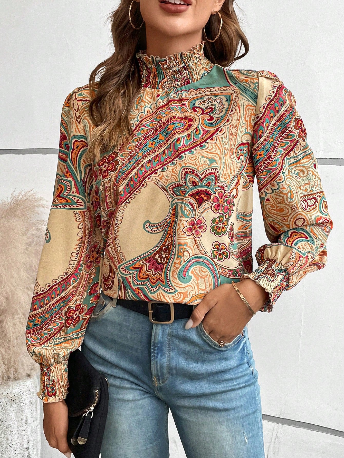 SHEIN LUNE Paisley Print Mock Neck Lantern Sleeve Blouse