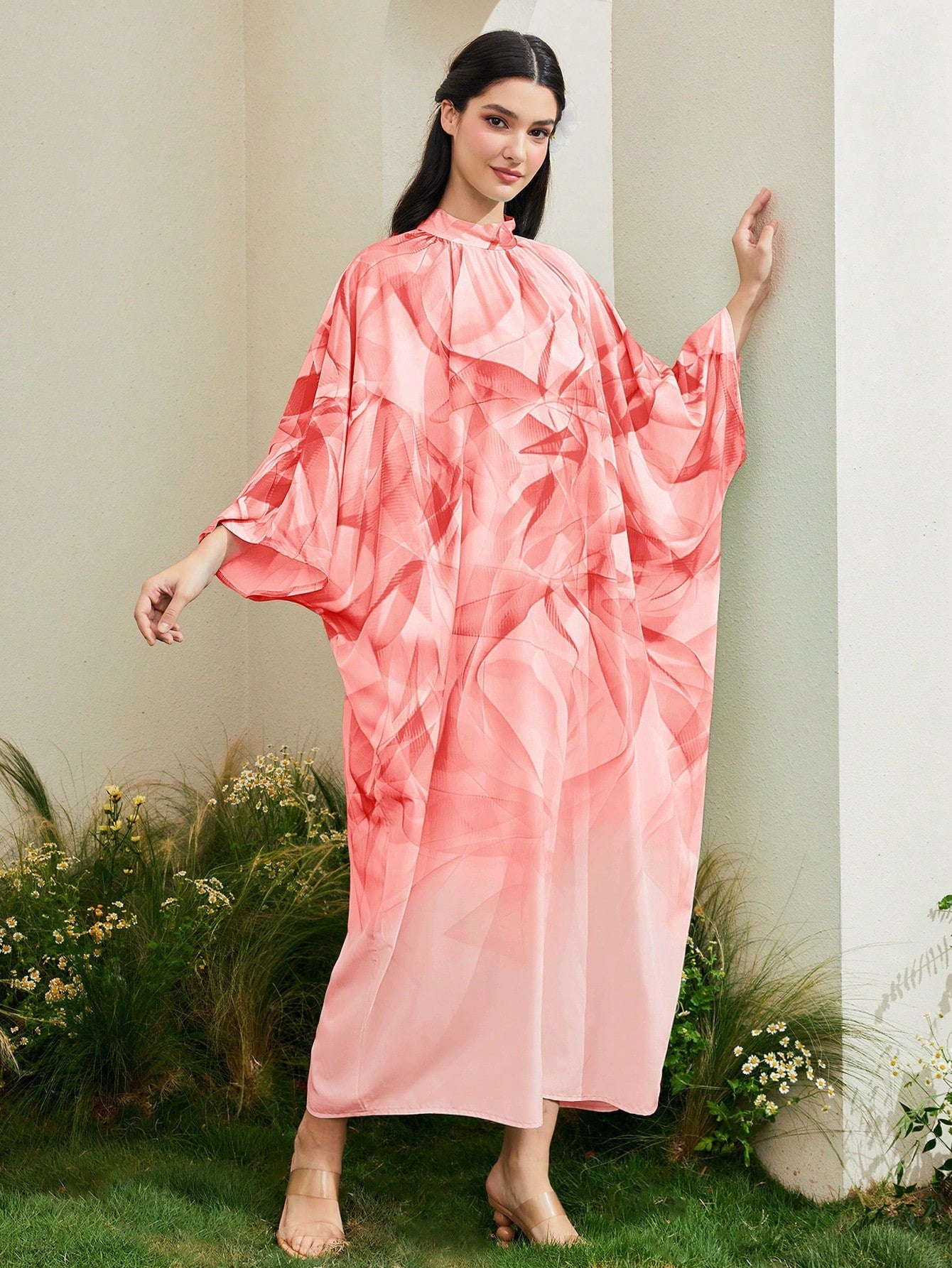 SHEIN Najma Turkish Style Stand Collar Batwing Sleeve Long Shirt