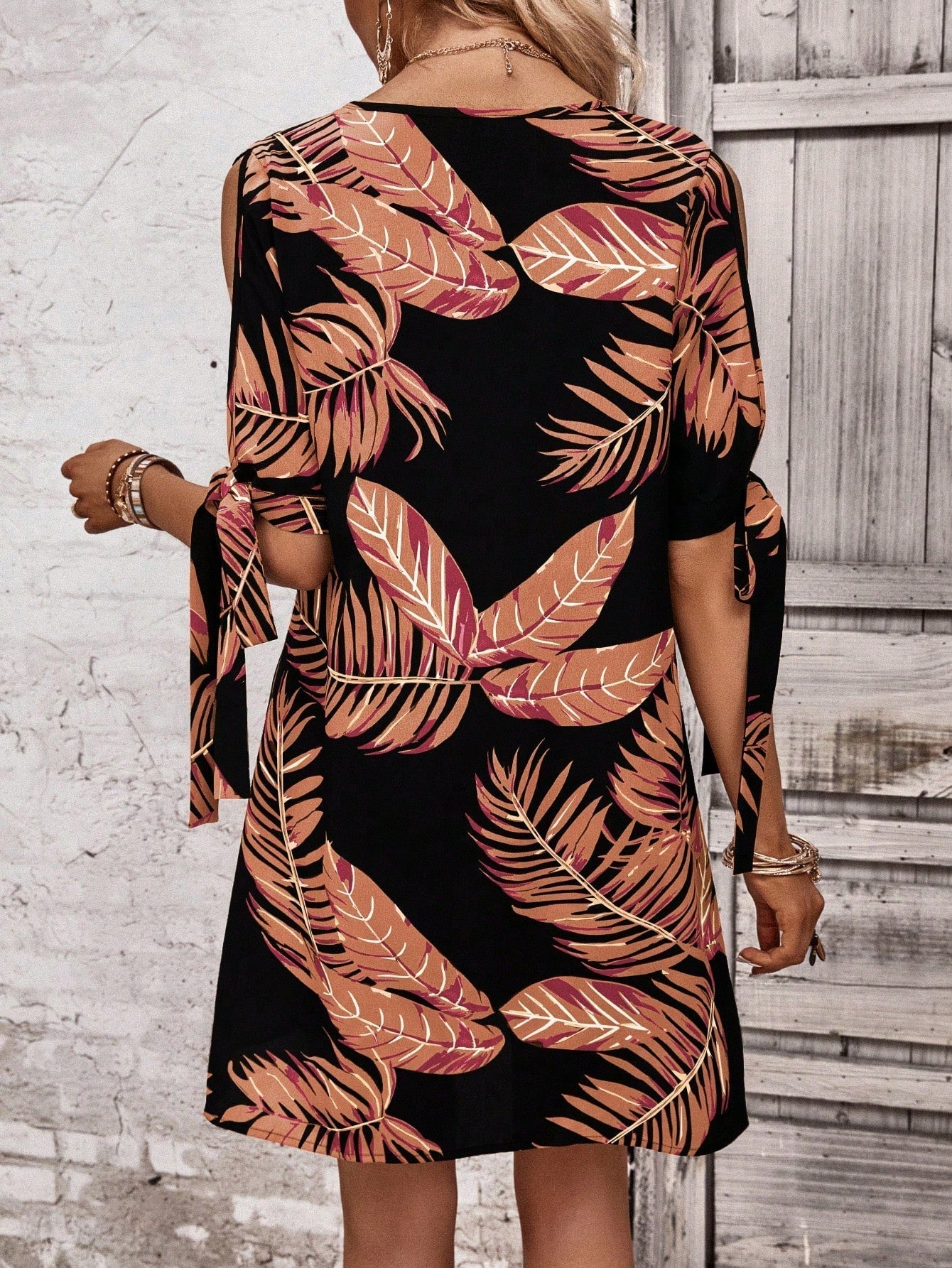 Tropical Print Knot Cuff Tunic Dress