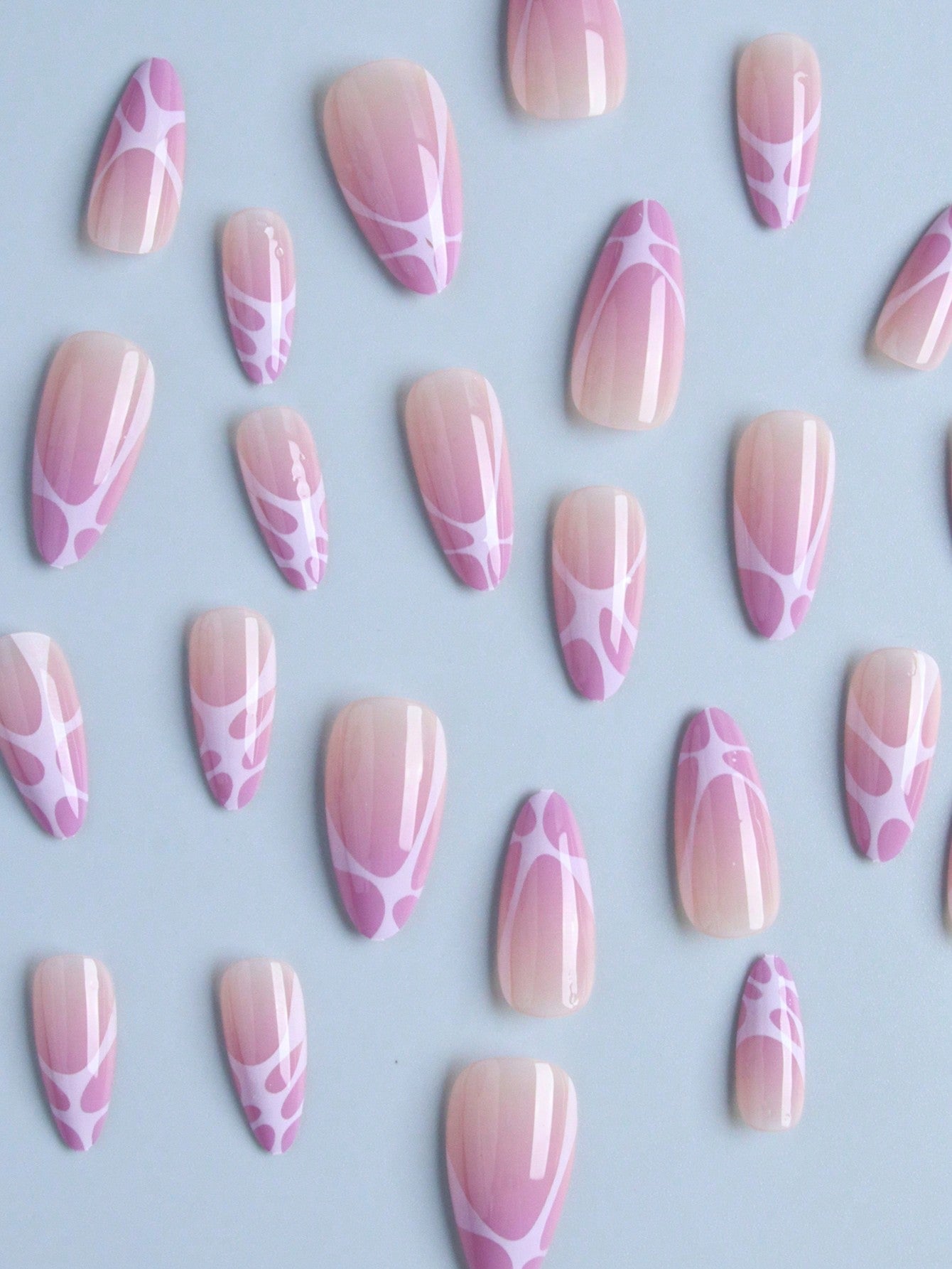 Elevate Your Style With,24Pcs Long Almond Shaped Purple Gradient &Ripple Design Fake Nail Set,Fit Perfectly& Medium Length Design,Contain 1Pcs Jelly Glue and 1Pcs Nail File, for Daily Wear by Women and Girls