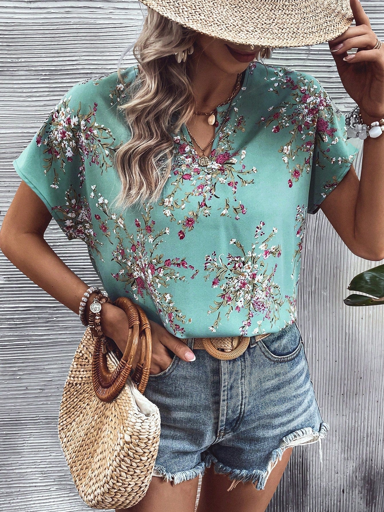 SHEIN LUNE Floral Print Notched Neck Batwing Sleeve Blouse