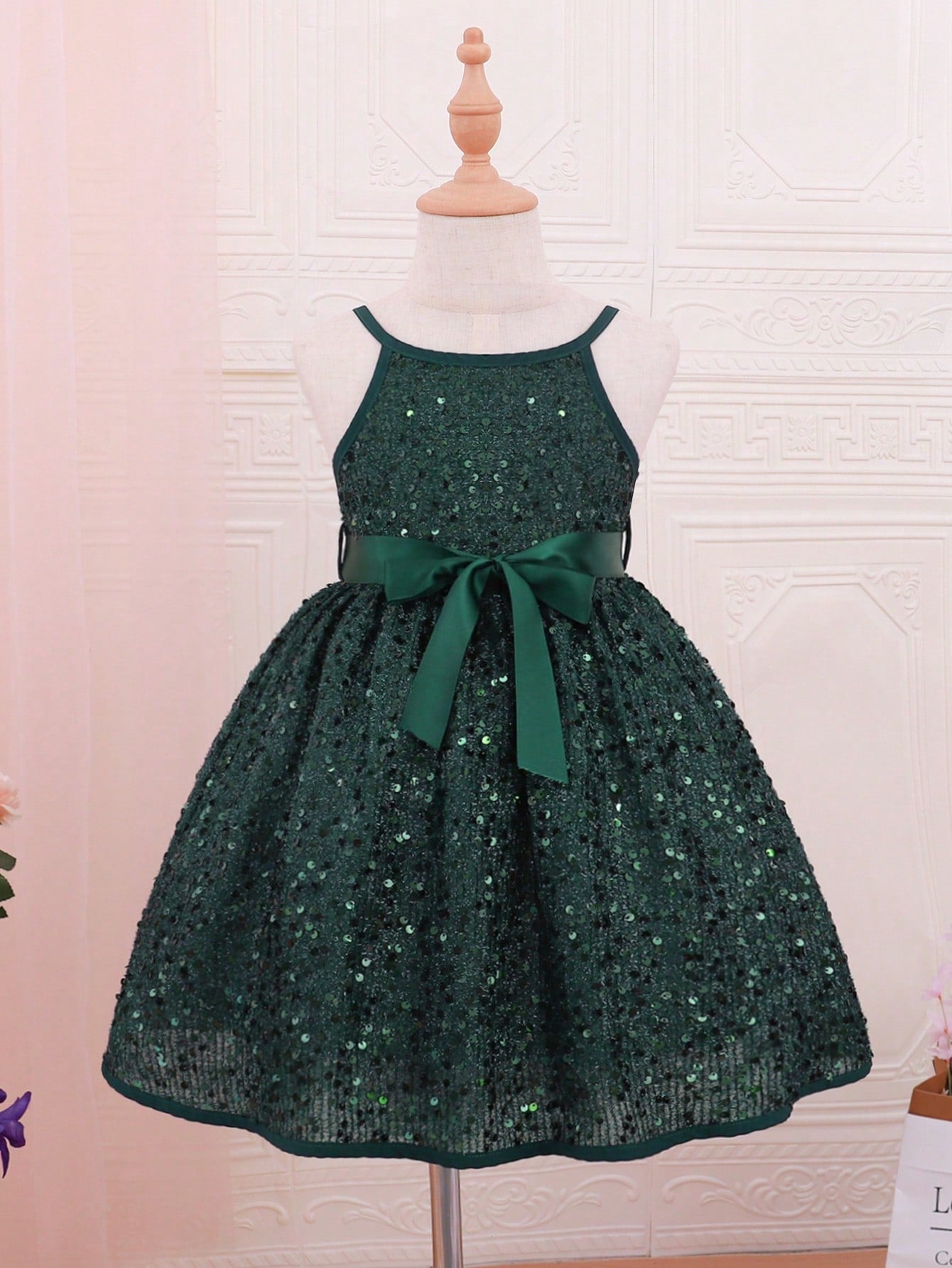 SHEIN Kids CHARMNG Little Girls' Sequin Patchwork Halterneck Dress