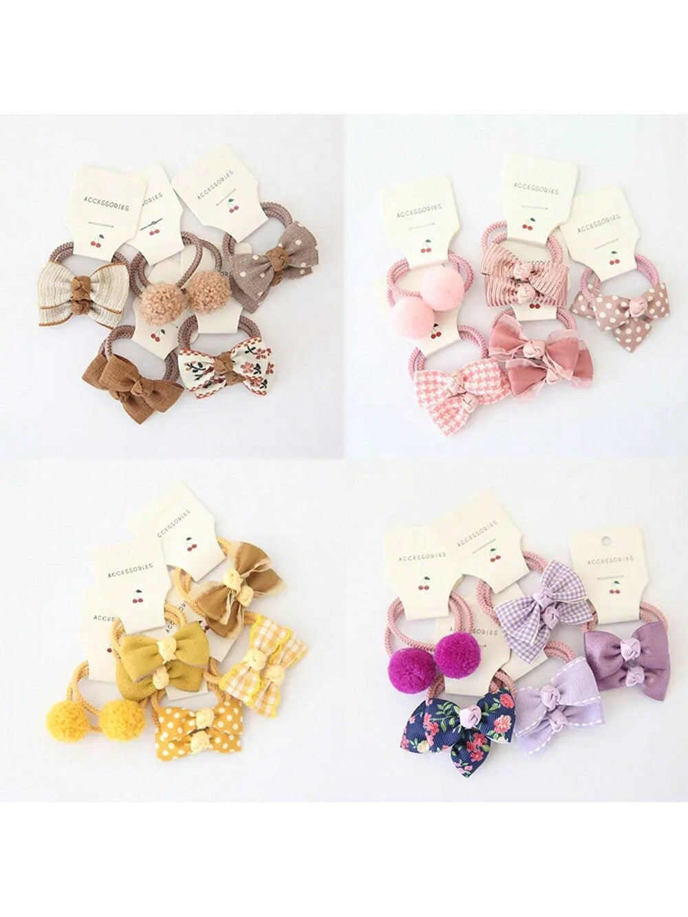 10Pcs Girls' Elastic Bowknot Cloth Hair Ties with Flower and Ball Design, Suitable for Daily Use