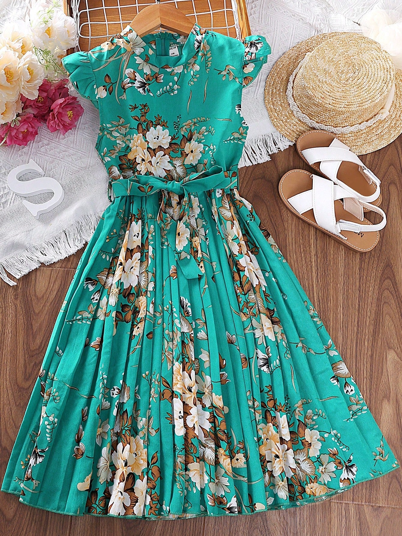 Teen Girl Floral Print Ruffle Trim Pleated Hem Belted Dress