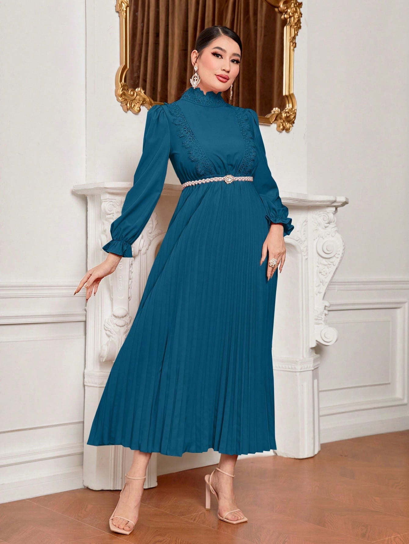 SHEIN Mulvari Flounce Sleeve Pleated Hem Dress without Belt