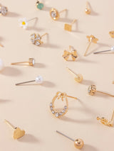 30Pairs Heart & Flower Stud Earrings
