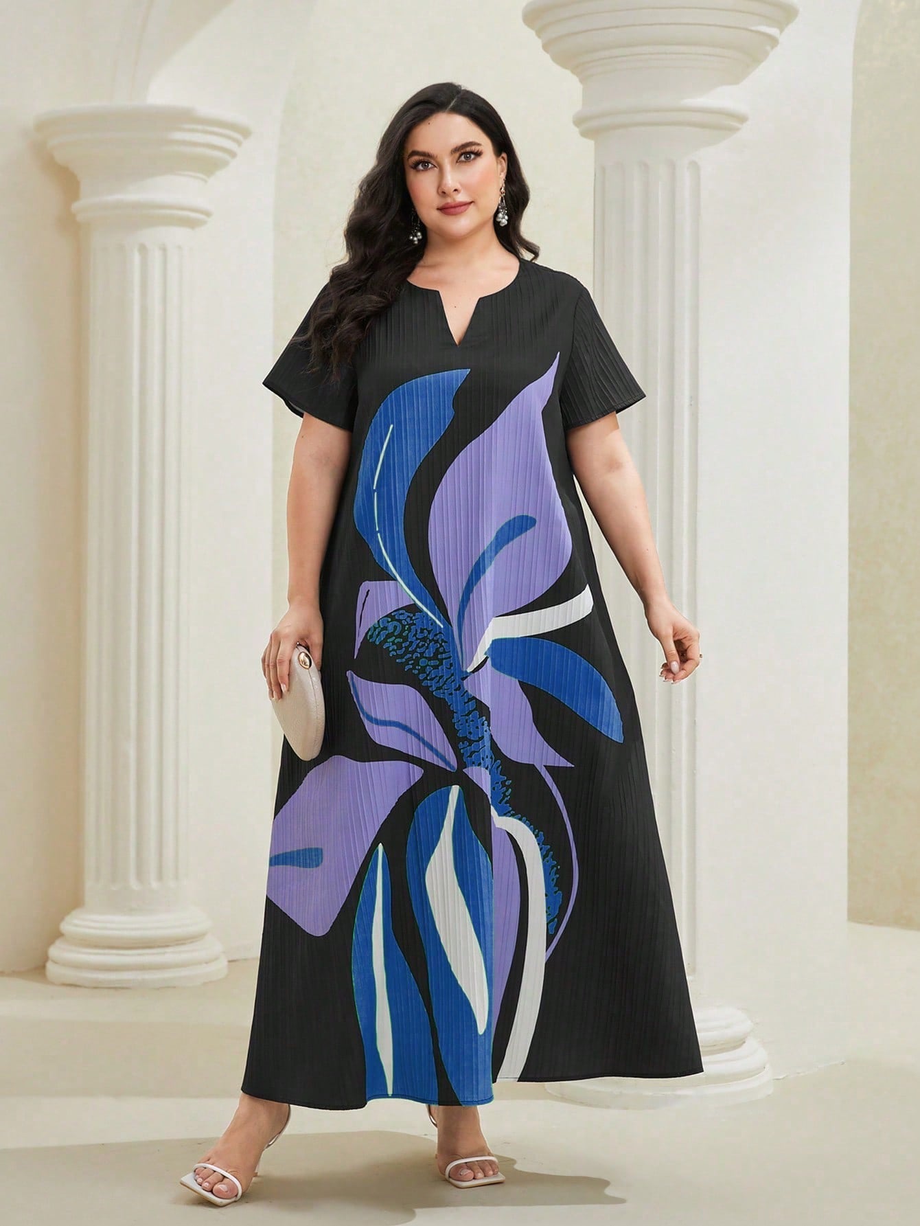 SHEIN Najma plus Floral Print Notched Neckline Dress