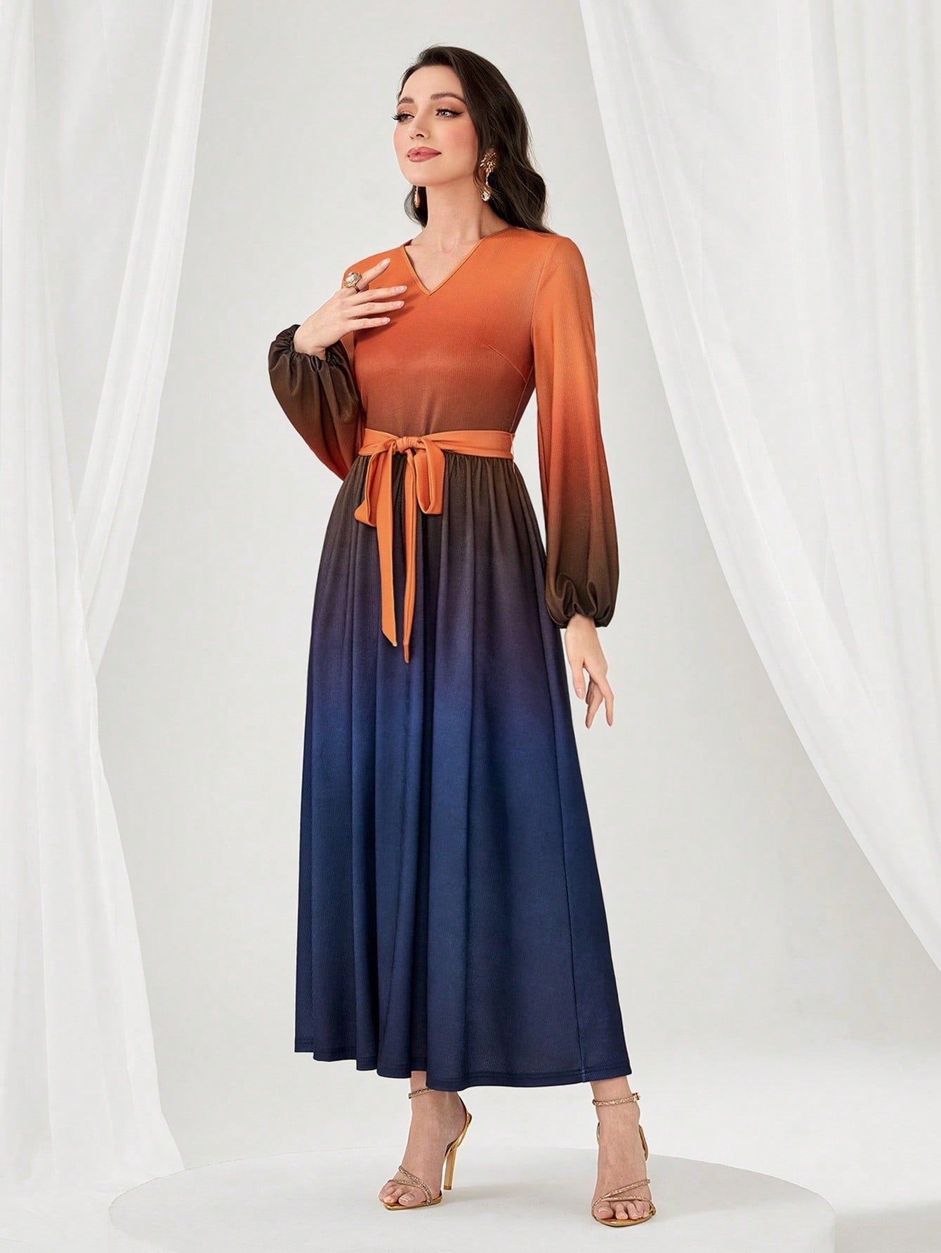 SHEIN Modely Ombre Lantern Sleeve Belted Dress