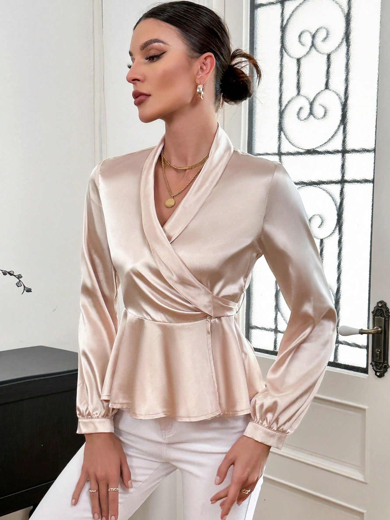 SHEIN Privé Solid Color Shawl Collar Wrap Back Tie-Up Shirt
