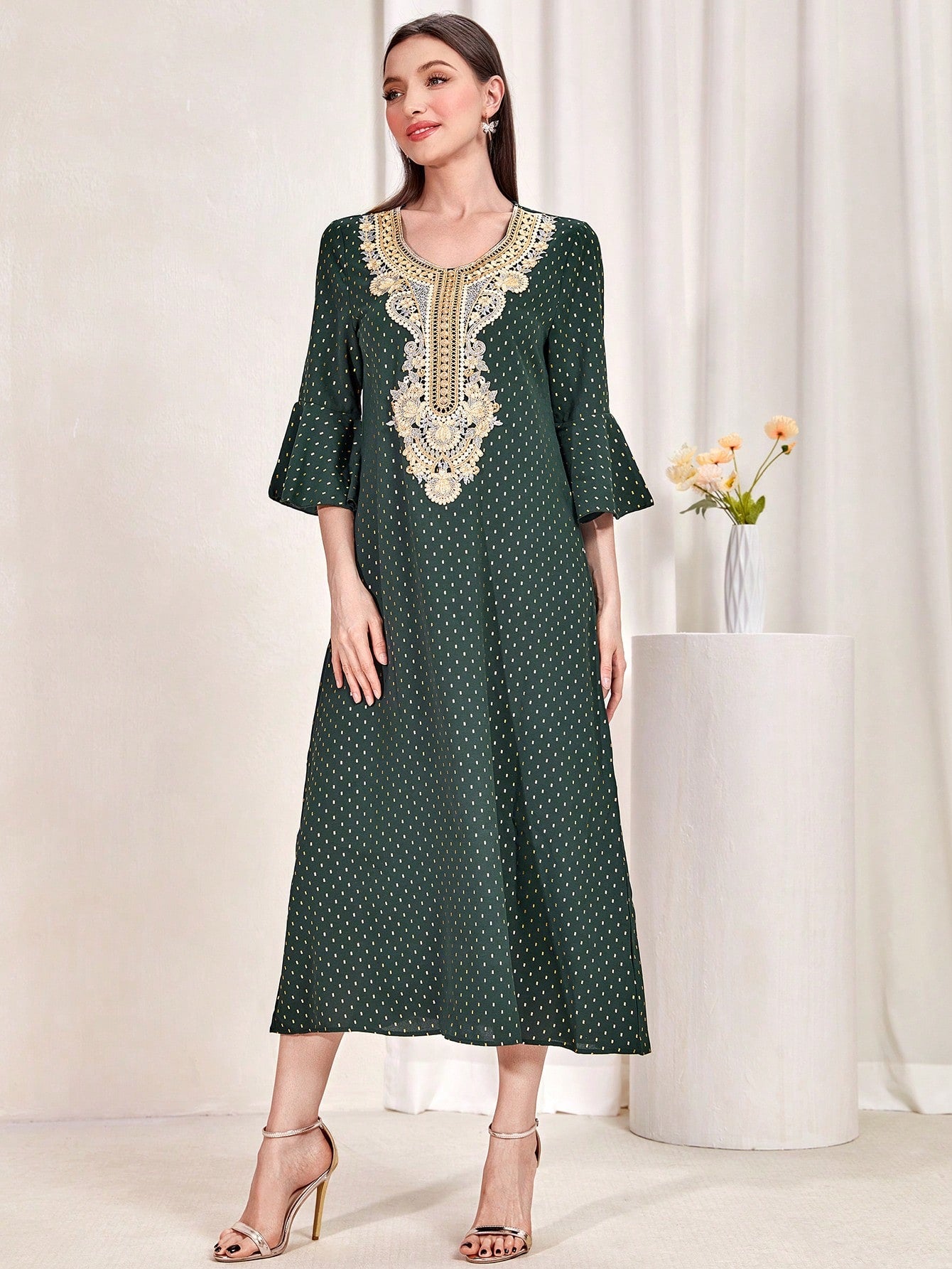 SHEIN Najma Appliques Flare Sleeve Dress