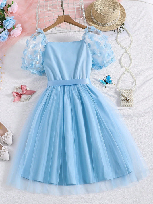 SHEIN Teen Girls Floral Appliques Contrast Mesh Puff Sleeve Dress