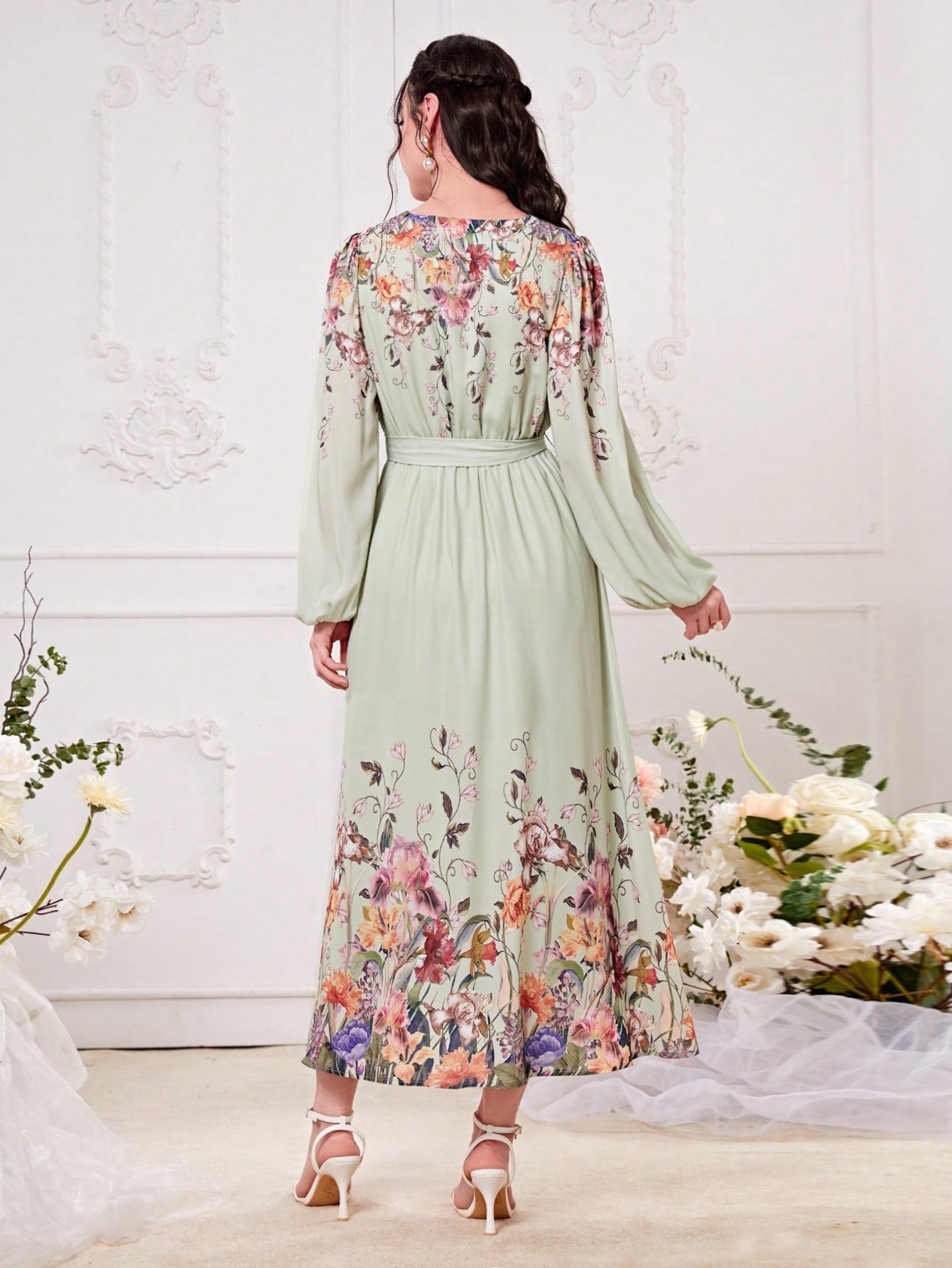 SHEIN Modely Floral Print Lantern Sleeve Belted Dress