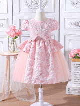 SHEIN Kids CHARMNG Little Girls' Jacquard Mesh Dress with Bow Decoration on the Hem