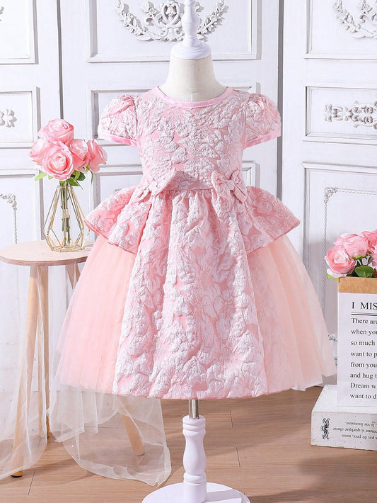 SHEIN Kids CHARMNG Little Girls' Jacquard Mesh Dress with Bow Decoration on the Hem