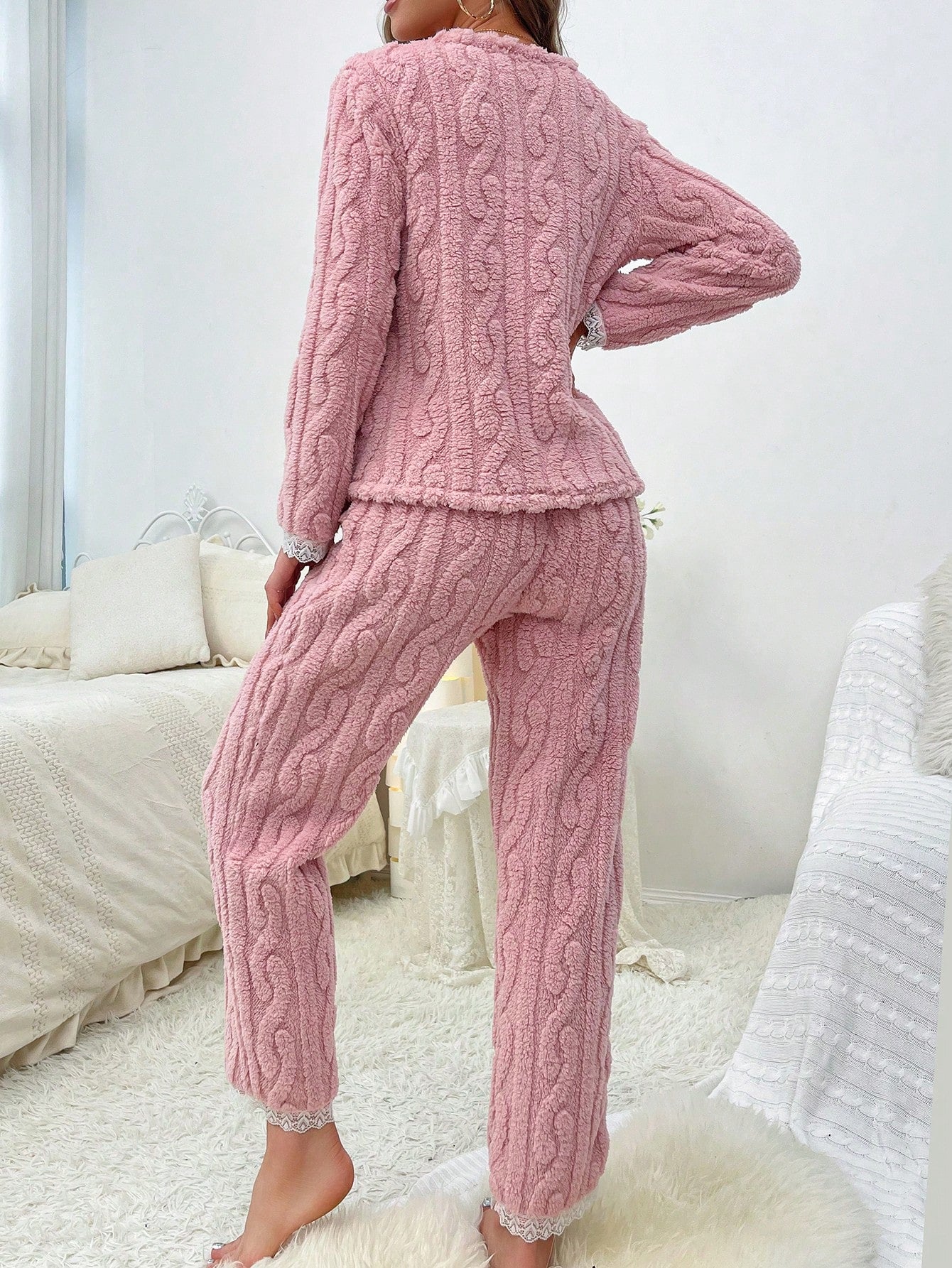 Lace Trim Flannel PJ Set