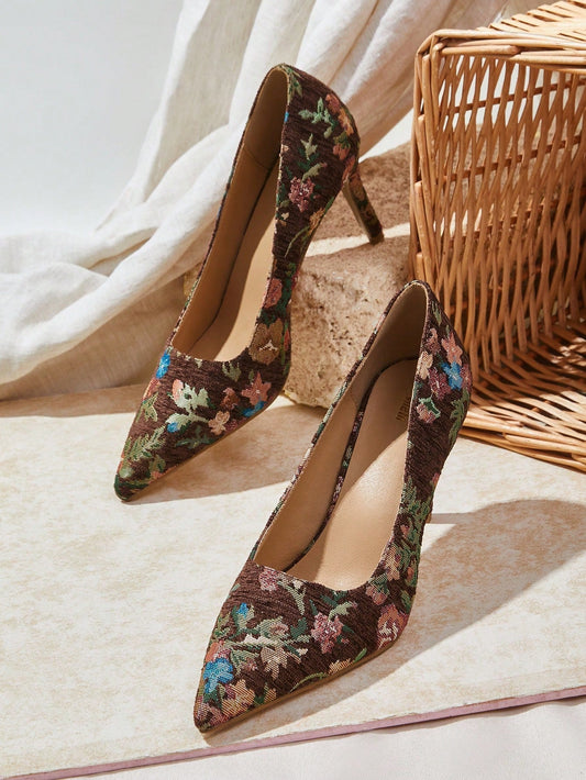 SHEIN VCAY Ladies' Pointed Toe High Heeled Jacquard Floral Fashion Heels