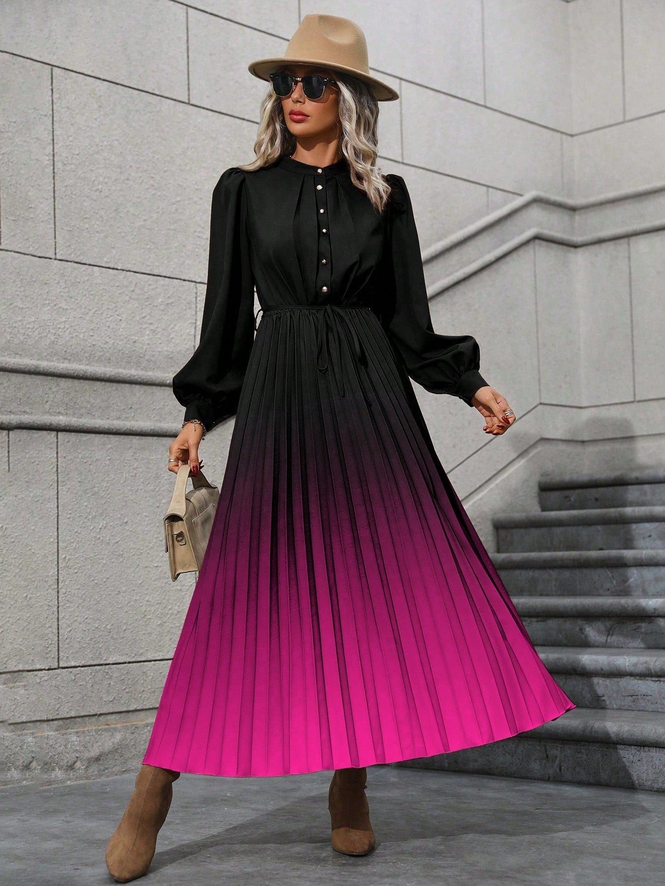 Ombre Bishop Sleeve Pleated Hem Dress without Belt