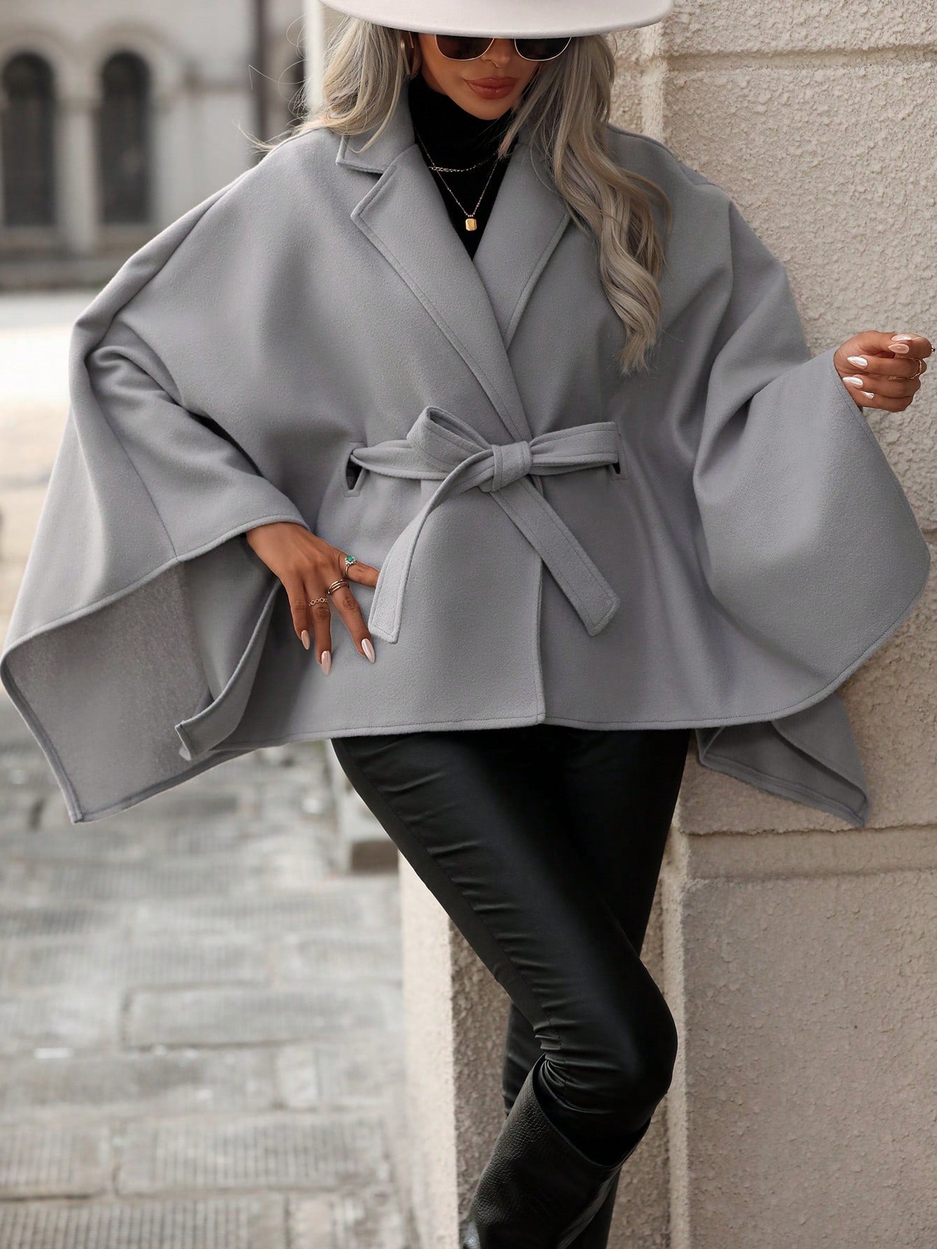 SHEIN Frenchy Lapel Neck Batwing Sleeve Belted Overcoat