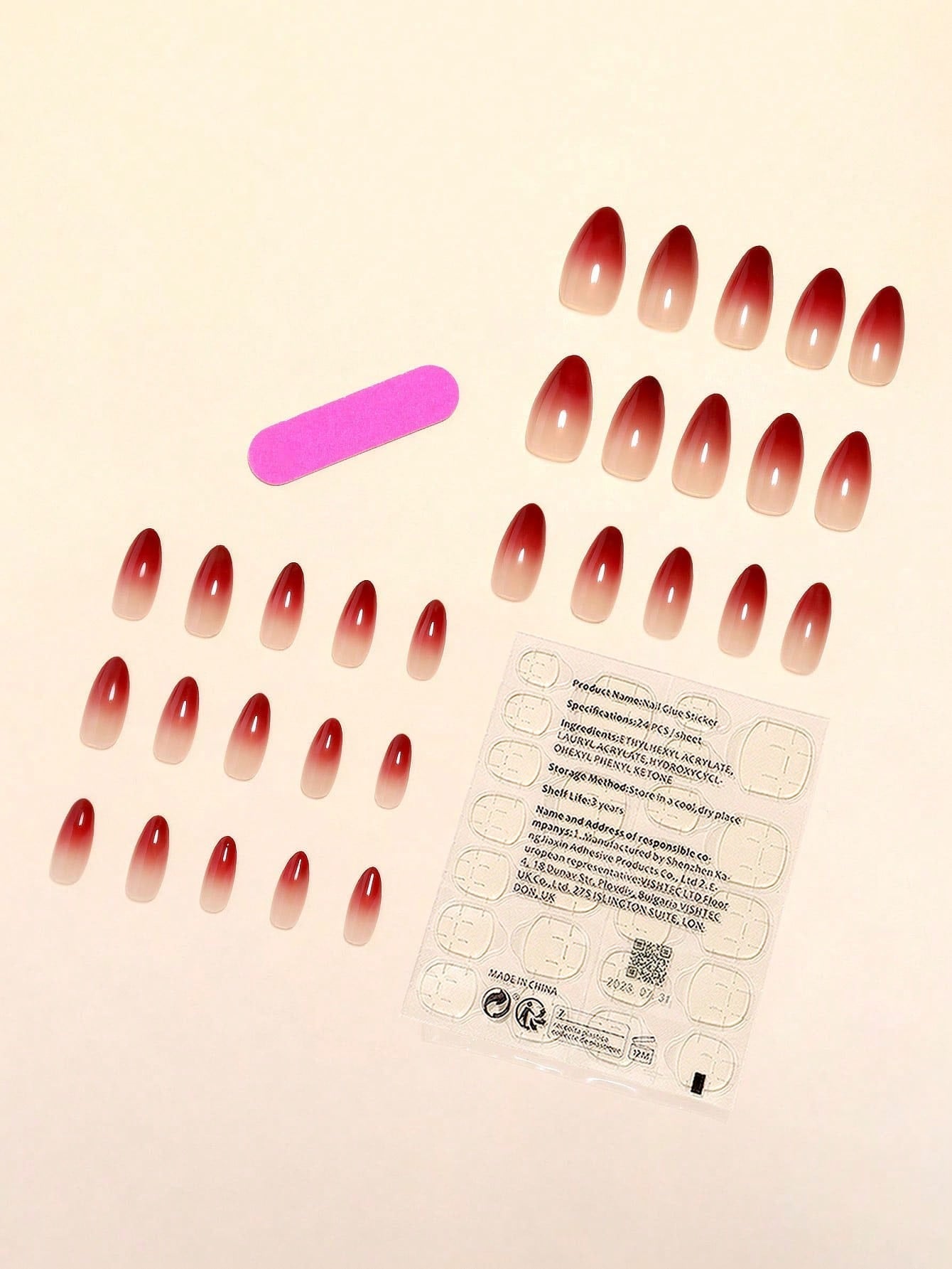 30Pcs/Set Extra Long Pointed Red Gradient False Nails with 1Pc Nail File, 1Pc Jelly Glue